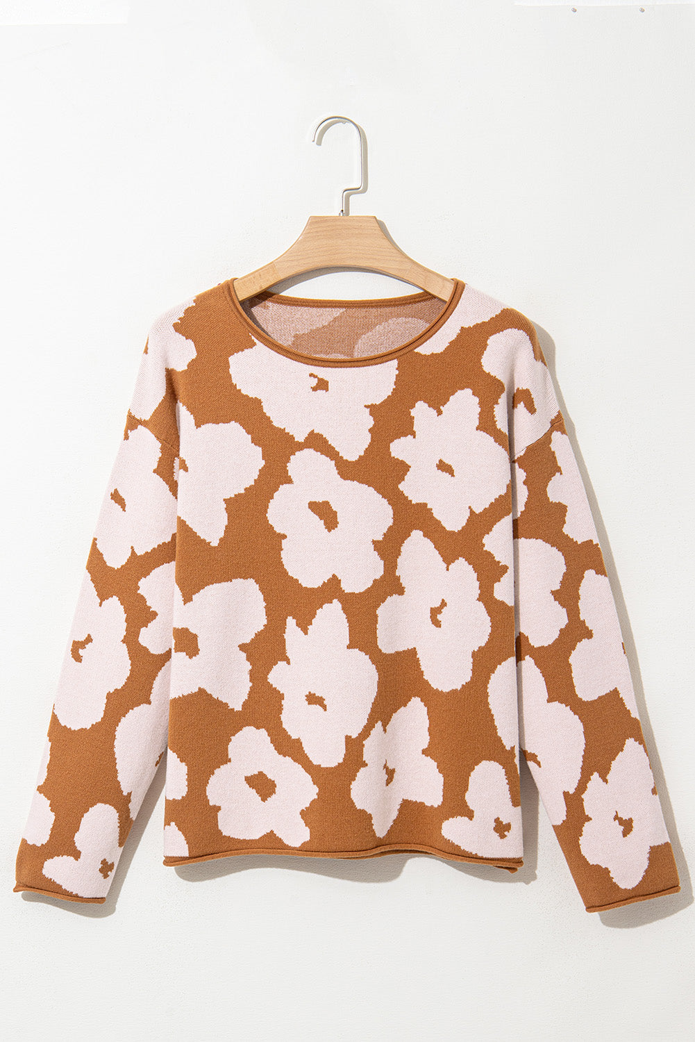 Brown Floral Pattern Crew Neck Long Sleeve Loose Sweater