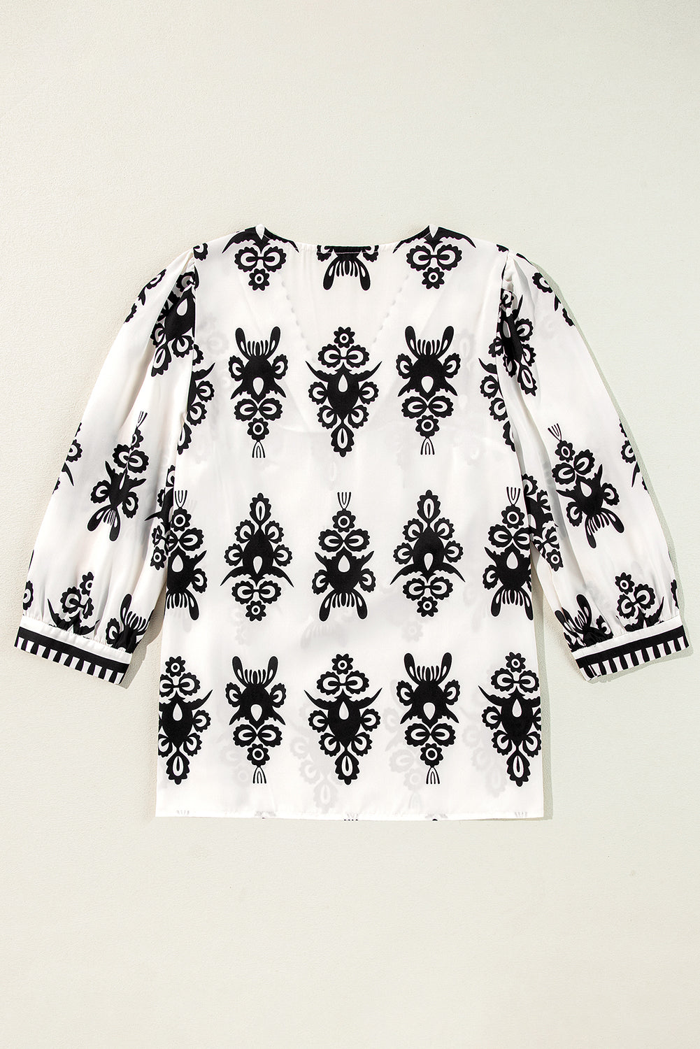 Black Vintage Geometric Printed 3/4 Sleeve V Neck Blouse