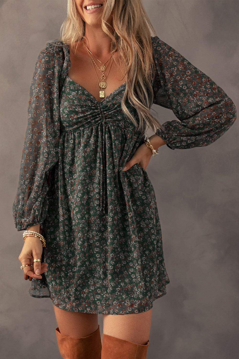 Green Floral Print Sweetheart Neck Shirred Back Mini Dress