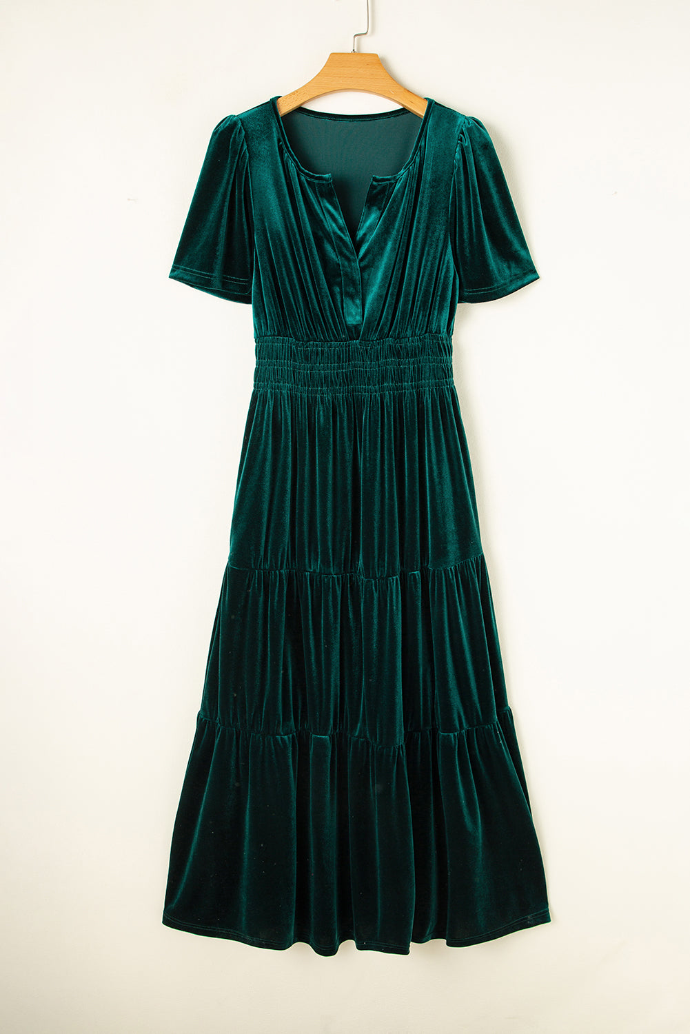 Prussian Blue Velvet Short Sleeve Shirred Waist Tiered Maxi Dress