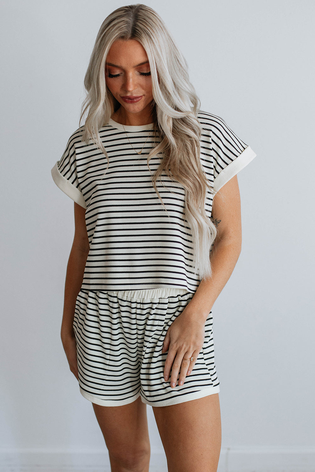 White Stripe Contrast Edge Tee and Shorts Set