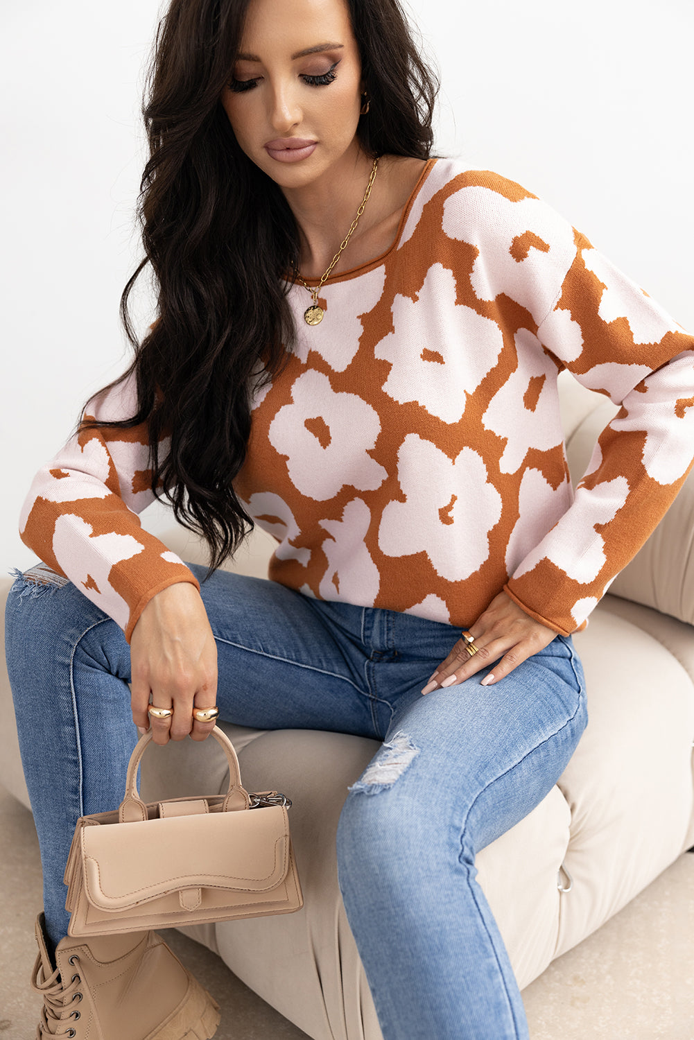 Brown Floral Pattern Crew Neck Long Sleeve Loose Sweater