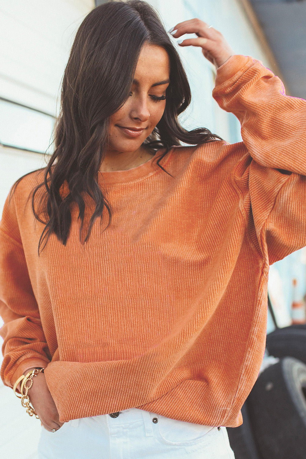 Apricot Ribbed Corduroy Oversized Sweatshirt