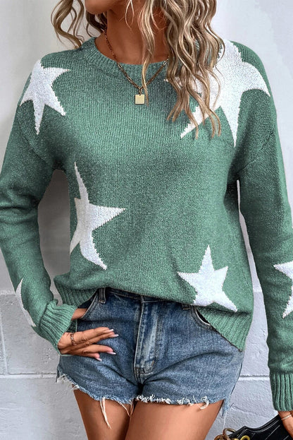 Green Star Pattern Drop Shoulder Sweater