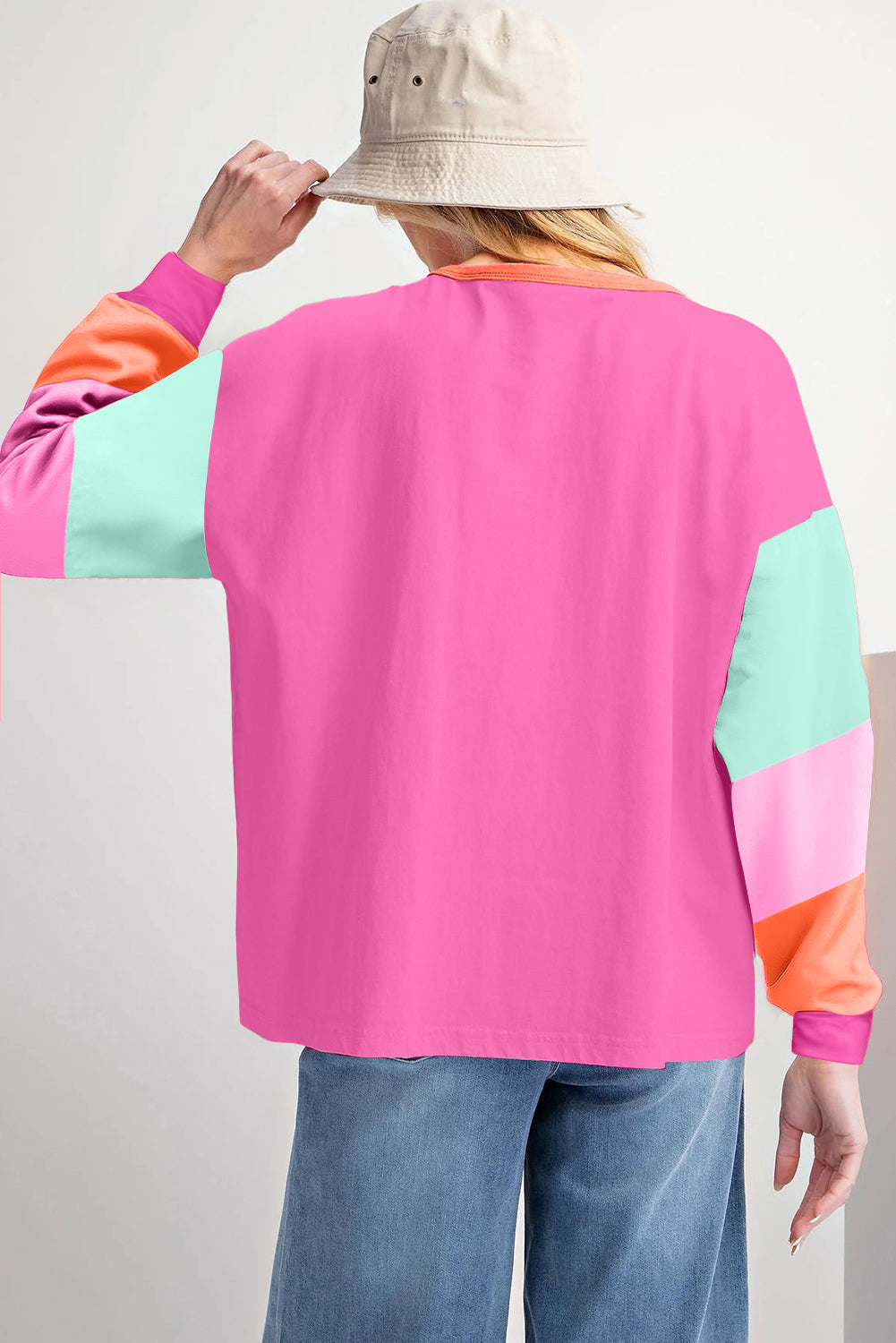 Pink Colorblock Patchwork Long Sleeve Loose Top