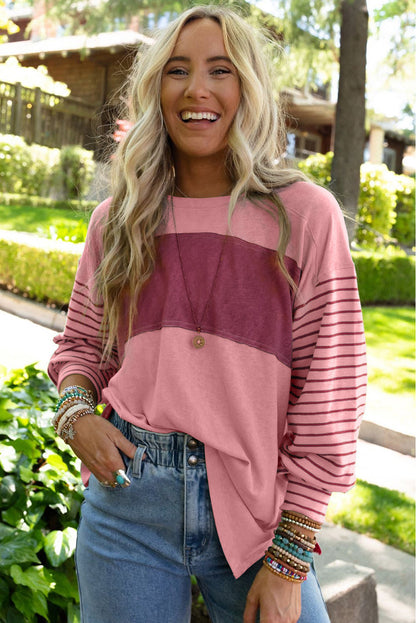 Gray Colorblock Striped Bishop Sleeve Top