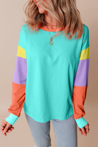 Pink Colorblock Patchwork Long Sleeve Loose Top