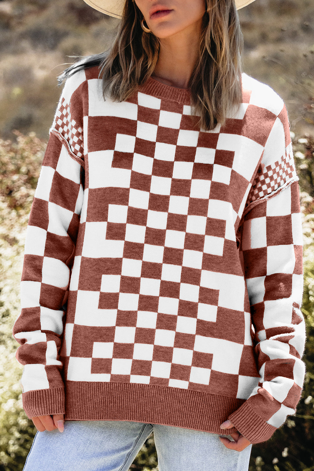 Brown Checkered Print Drop Shoulder Round Neck Sweater