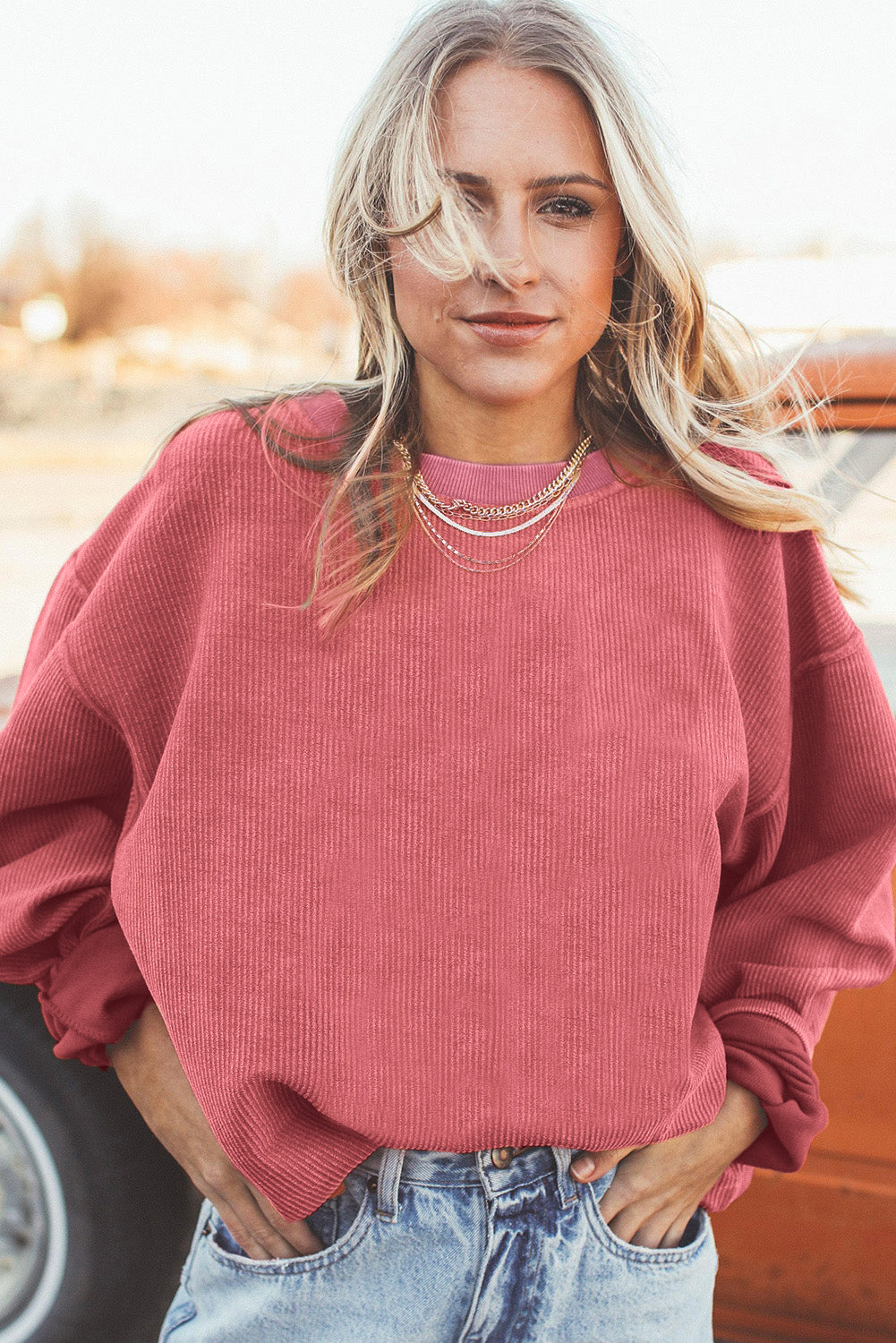 Apricot Ribbed Corduroy Oversized Sweatshirt