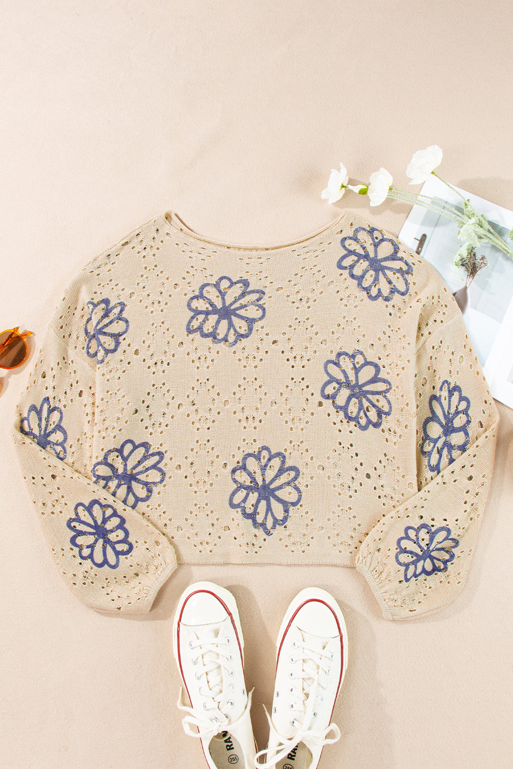 Beige Contrast Flower Print Eyelet Drop Shoulder Sweater