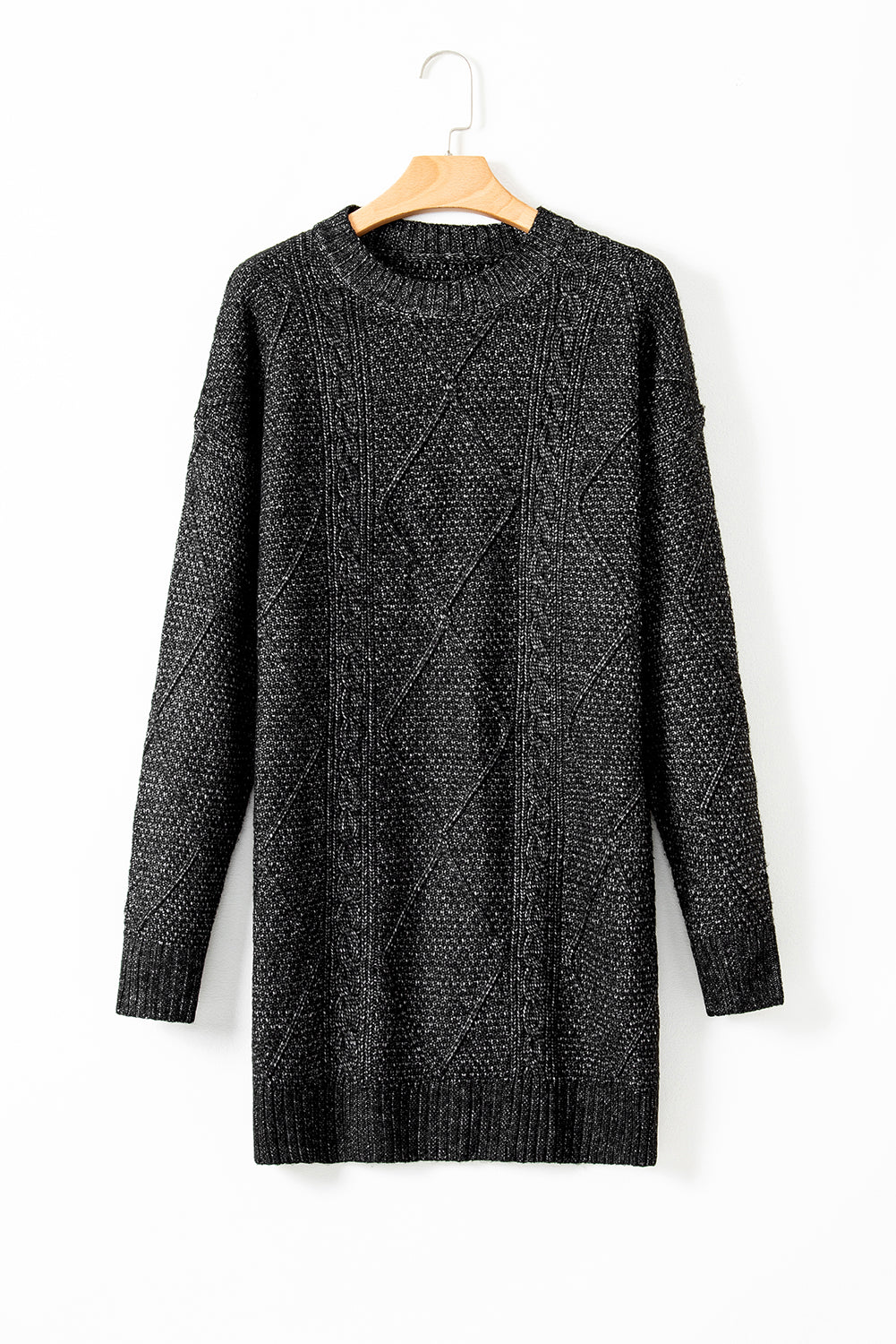 Black Cable Knit Drop Shoulder Loose Fit Sweater Dress