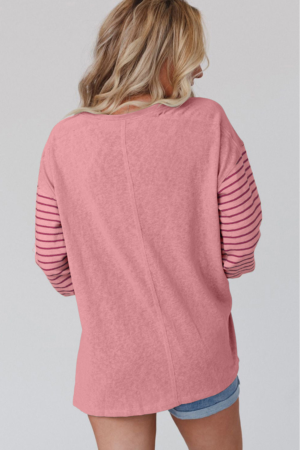 Gray Colorblock Striped Bishop Sleeve Top