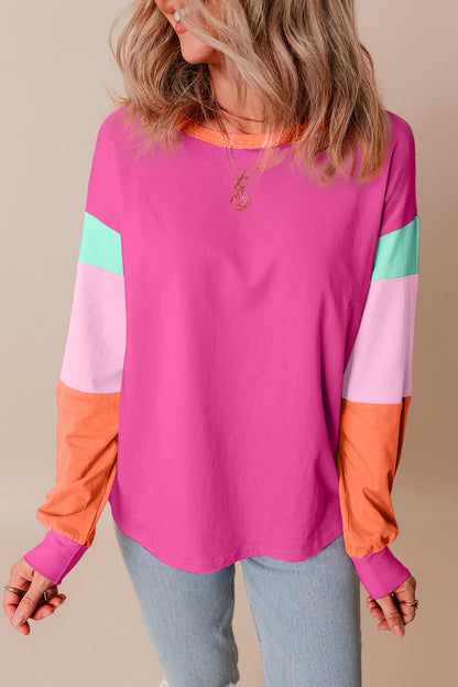 Pink Colorblock Patchwork Long Sleeve Loose Top