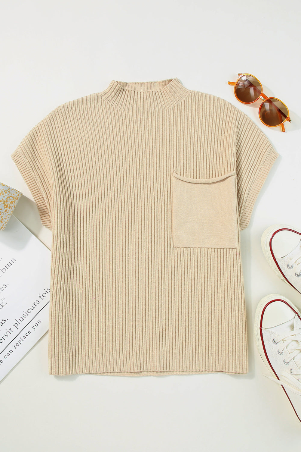 Oatmeal Patch Pocket Ribbed Knit Short Sleeve Sweater