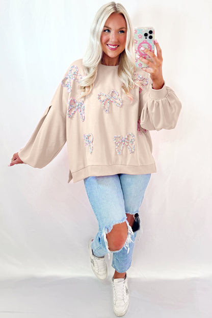 Light Pink Embroidered Bow Lantern Sleeve Oversized Pullover Sweatshirt