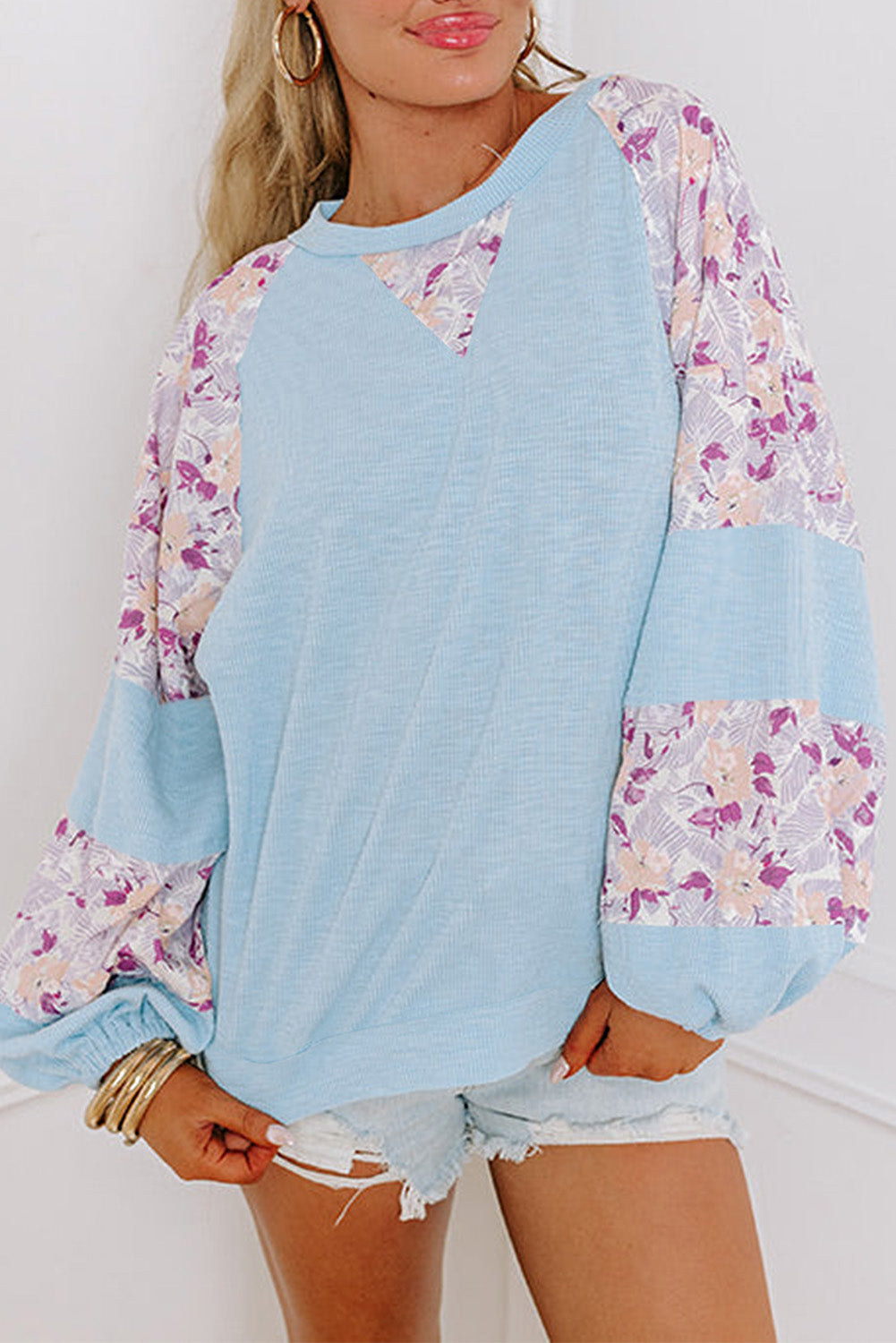 Apricot Textured Floral Patchwork Balloon Sleeve Blouse