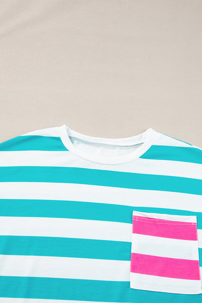 Pink Stripe Contrast Patch Pocket Drop Sleeve T Shirt