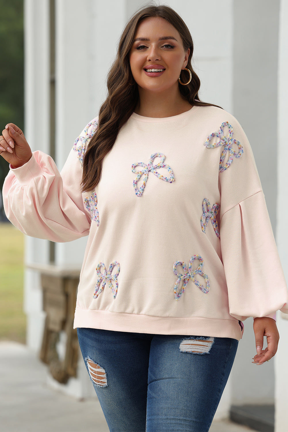 Light Pink Embroidered Bow Lantern Sleeve Oversized Pullover Sweatshirt