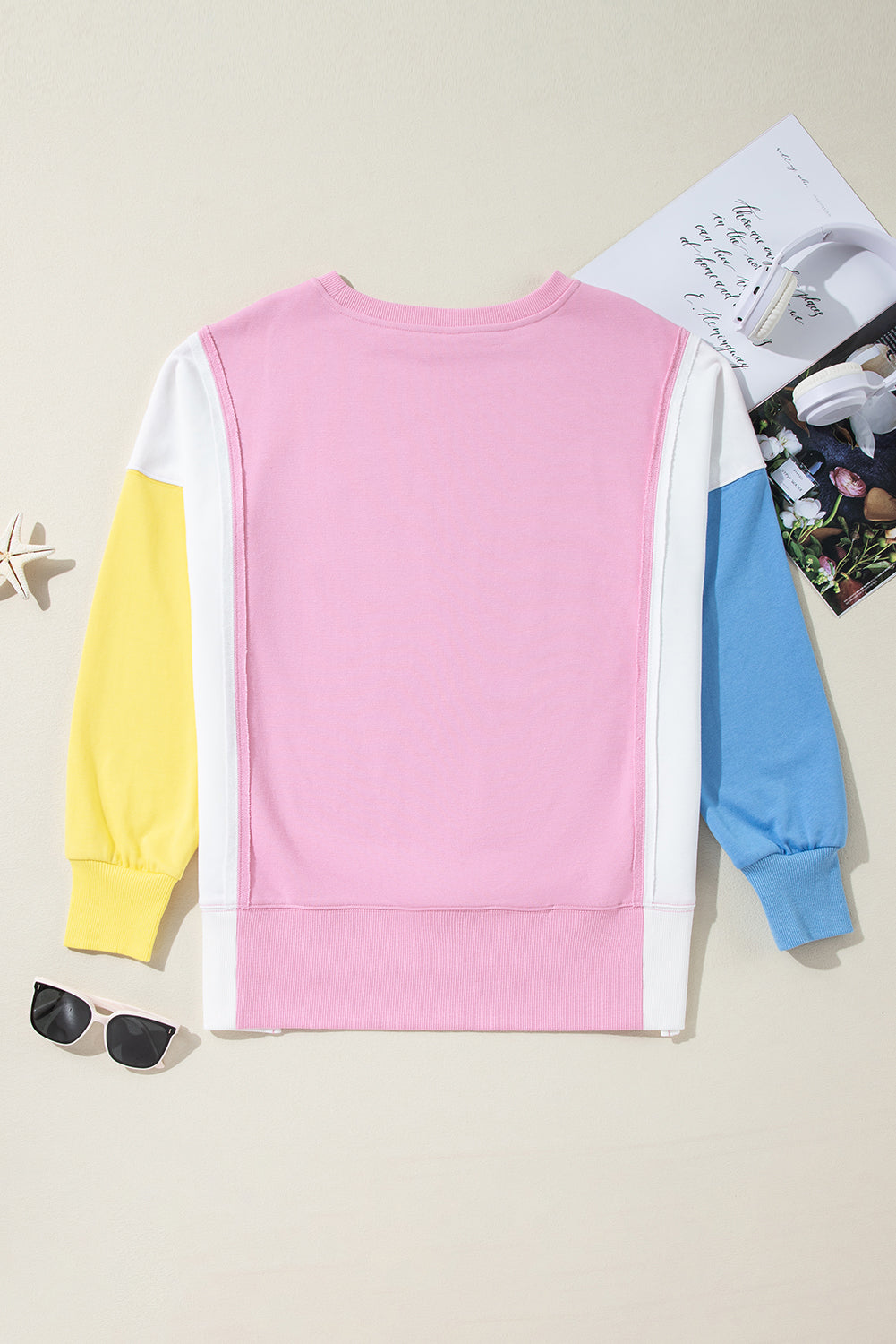 Bonbon Color Block Exposed Seam Side Slits Crewneck Sweatshirt