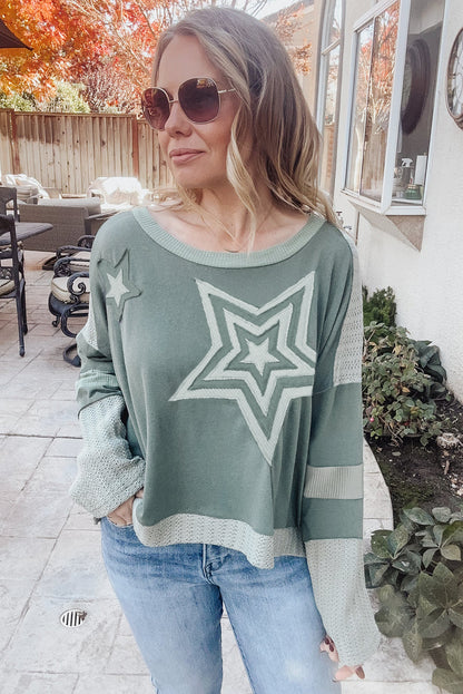 Mist Green Stars Patchwork Round Neck Plus Size T Shirt