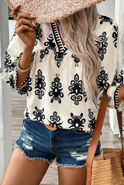 Black Vintage Geometric Printed 3/4 Sleeve V Neck Blouse