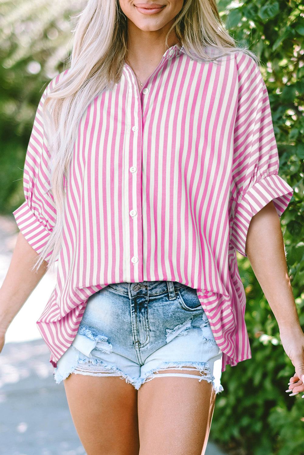 Sky Blue Stripe Dolman Sleeve Oversize Shirt