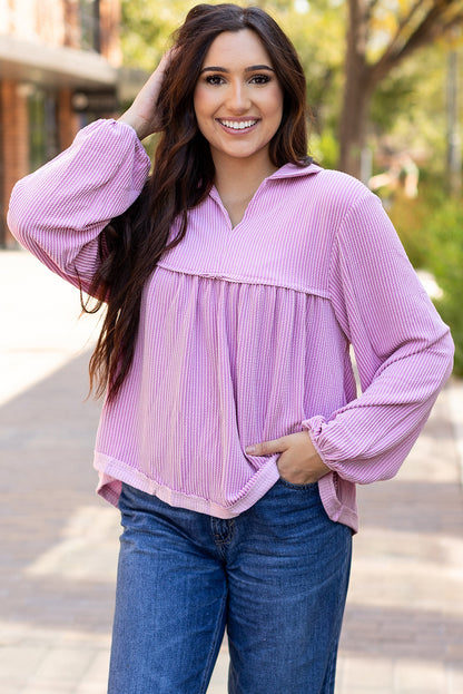 Bright Pink Corded Turn-down V Neck Bubble Sleeve Babydoll Blouse