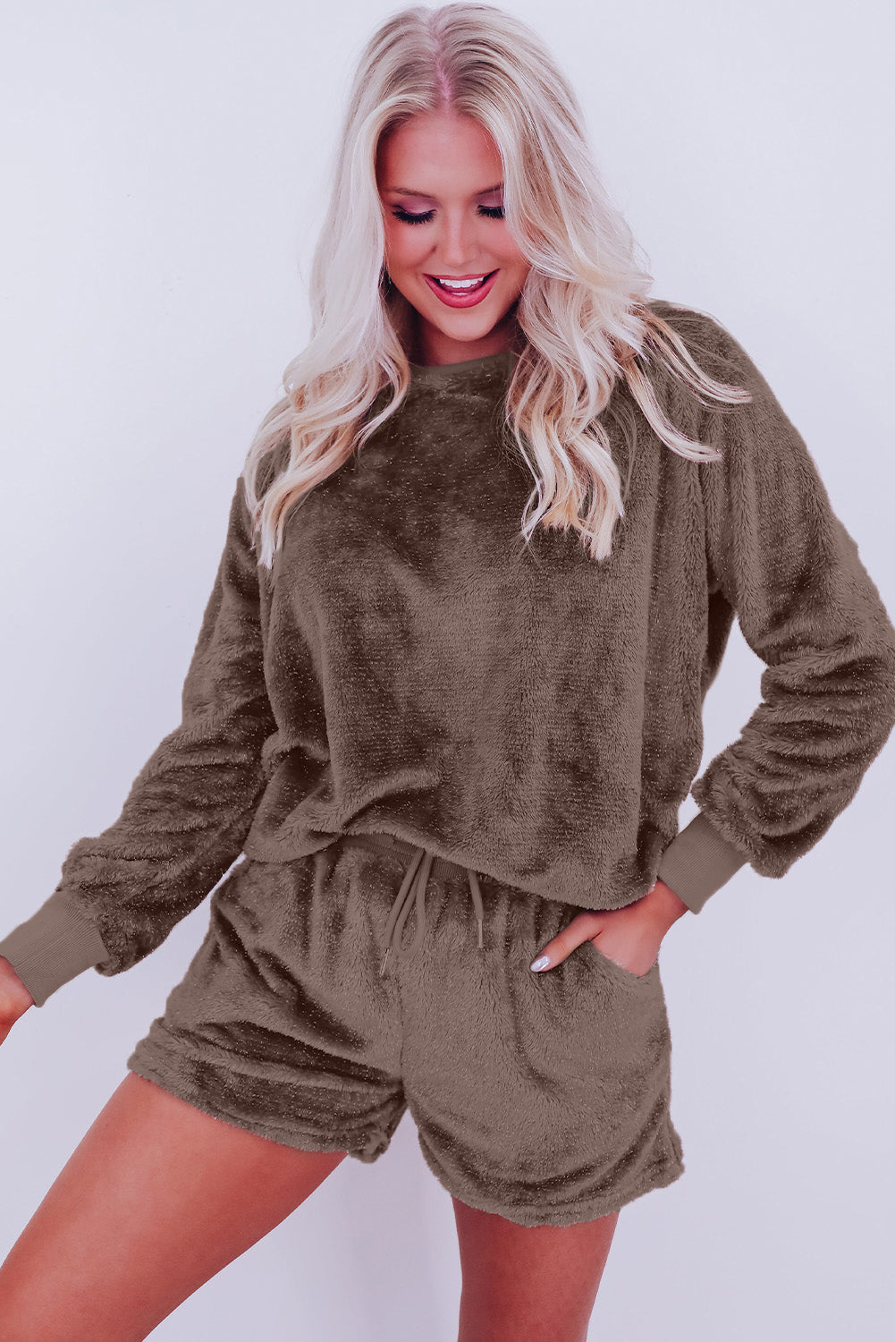 Coffee Solid Loose Fit Two Piece Fleece Lounge Set