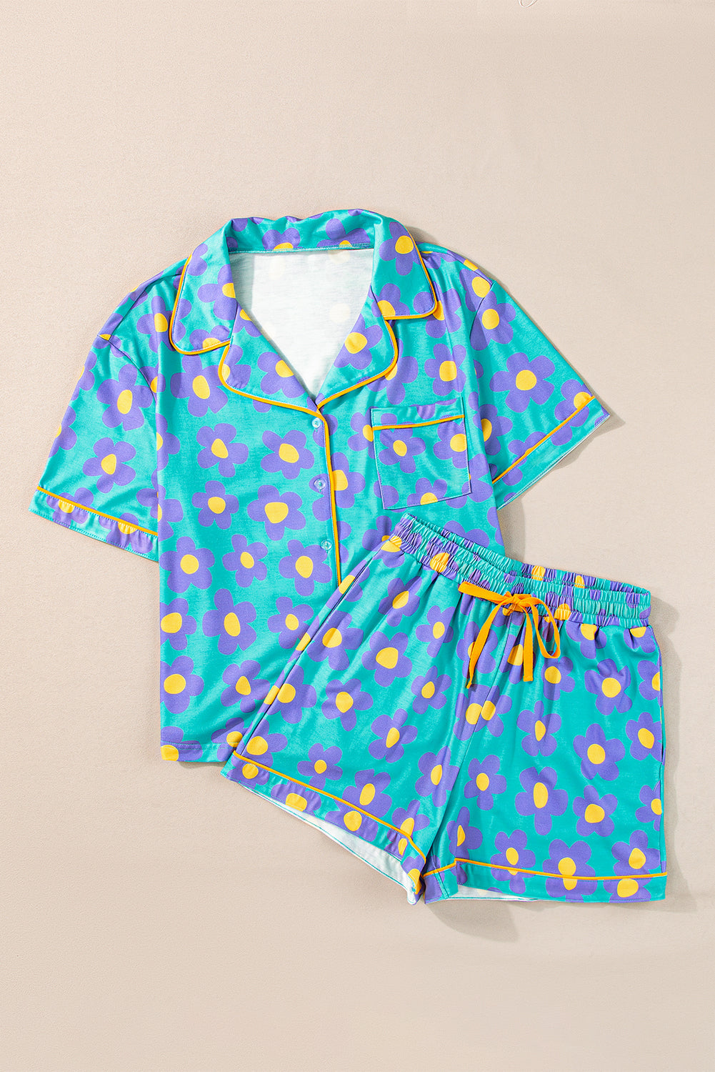 Orange Flower Print Short Sleeve Shirt Pajamas Set