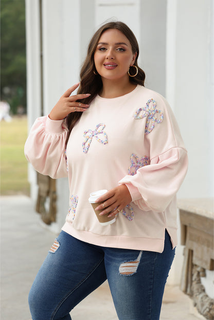 Light Pink Embroidered Bow Lantern Sleeve Oversized Pullover Sweatshirt