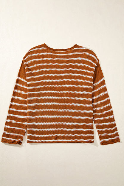 Brown Stripe Drop Shoulder Casual Sweater