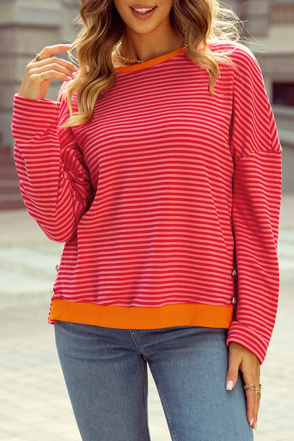 Tomato Red Two Tone Striped Side Buttons Drop Shoulder Top