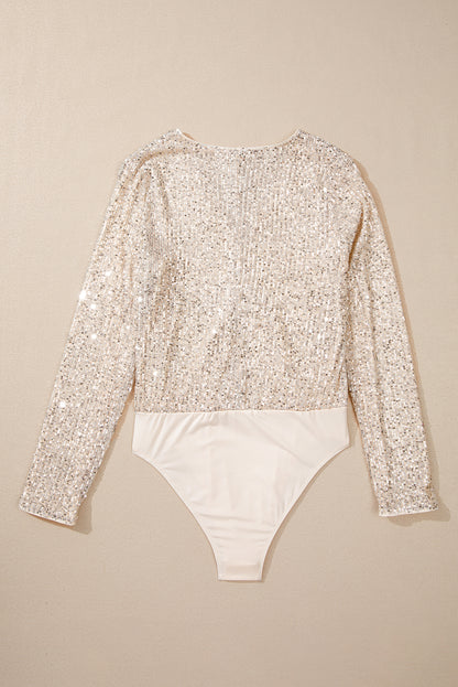 Beige Sequin Long Sleeve Wrap V Neck Bodysuit