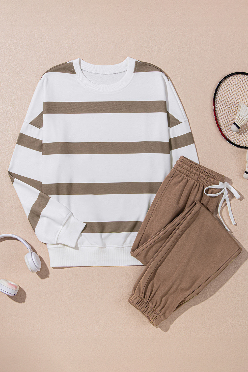 Light French Beige Striped Drop Shoulder Pullover and Jogger Pants Set