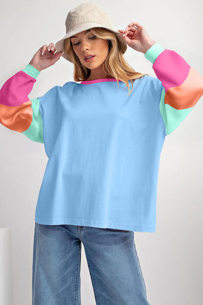 Pink Colorblock Patchwork Long Sleeve Loose Top