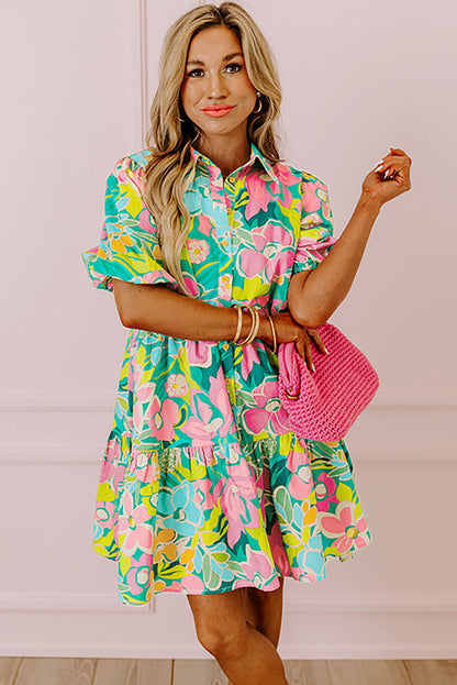 Pink Floral Puff Sleeve Collar Buttoned Babydoll Dress