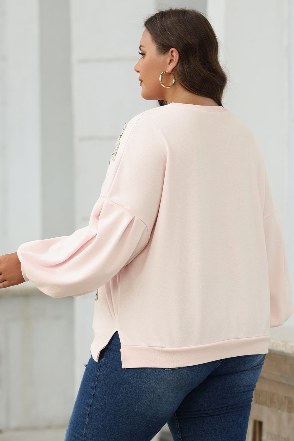 Light Pink Embroidered Bow Lantern Sleeve Oversized Pullover Sweatshirt