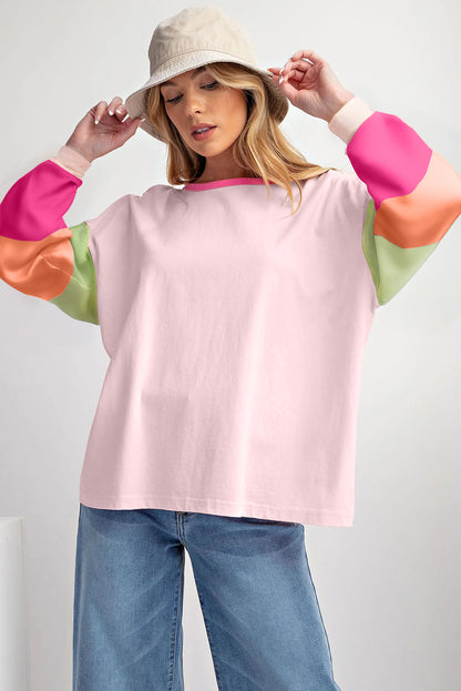 Pink Colorblock Patchwork Long Sleeve Loose Top