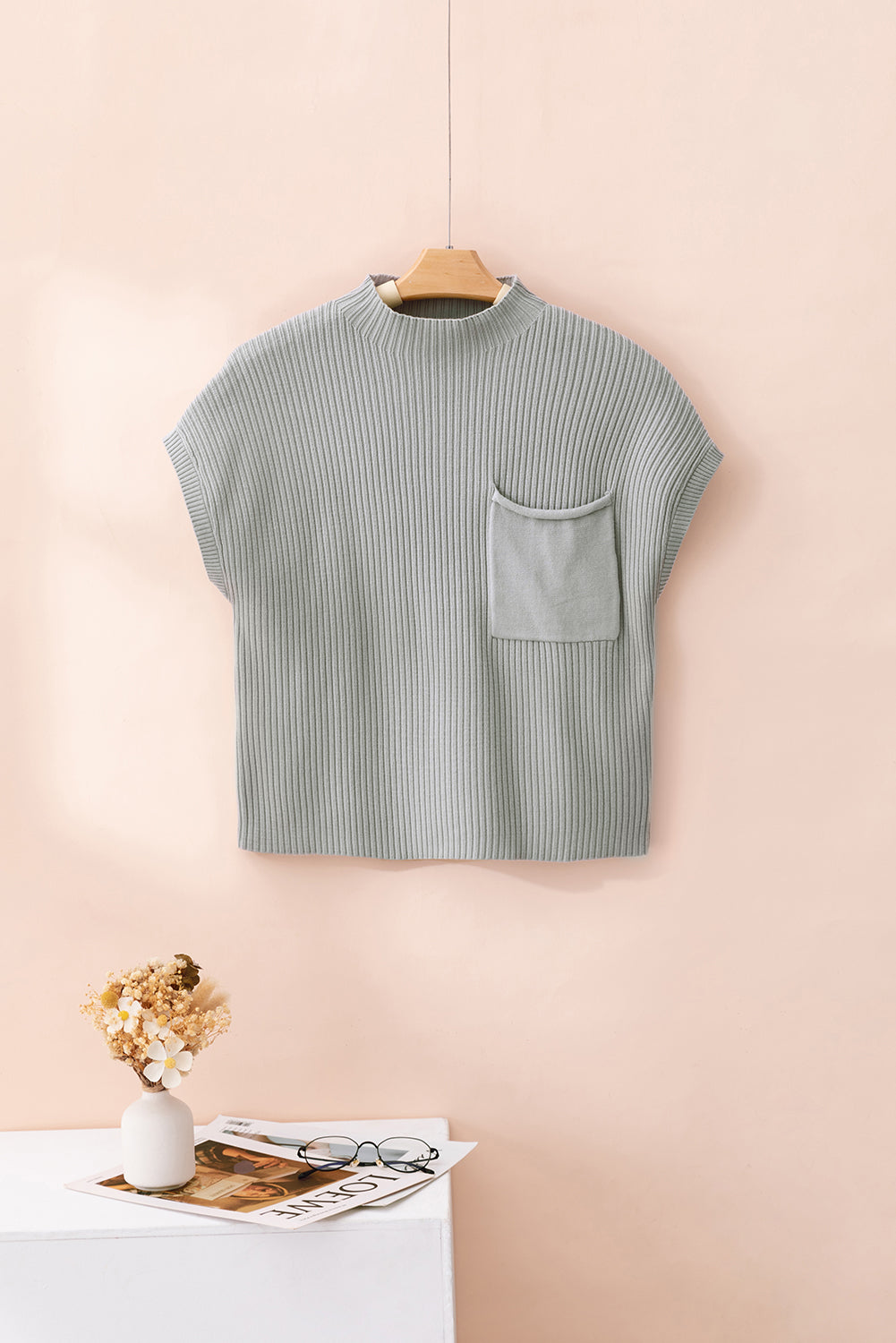 Oatmeal Patch Pocket Ribbed Knit Short Sleeve Sweater