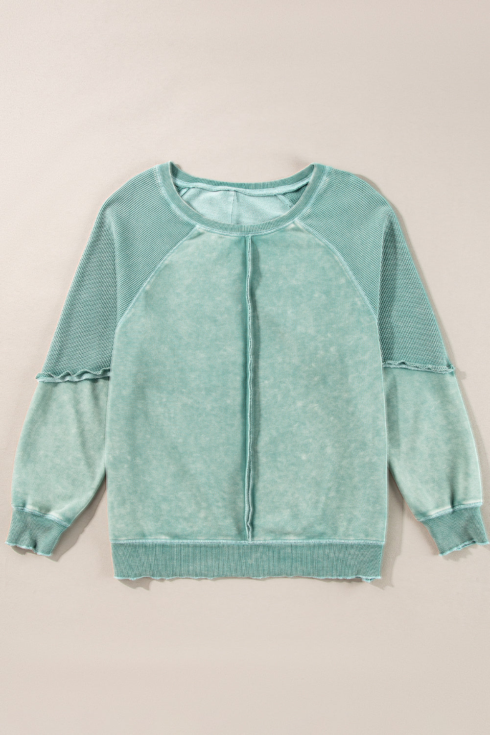 Sail Blue Solid Waffle Knit Patchwork Raglan Sleeve Sweatshirt