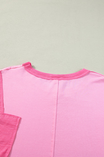 Pink Color Block Patchwork 3/4 Sleeve Loose Top