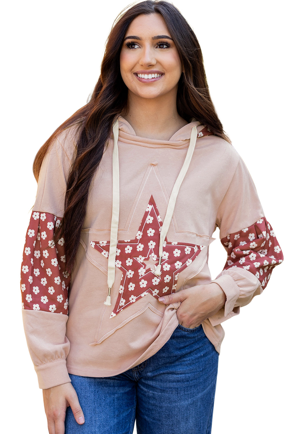 Delicacy Floral Patchwork Star Pattern Drawstring Hoodie