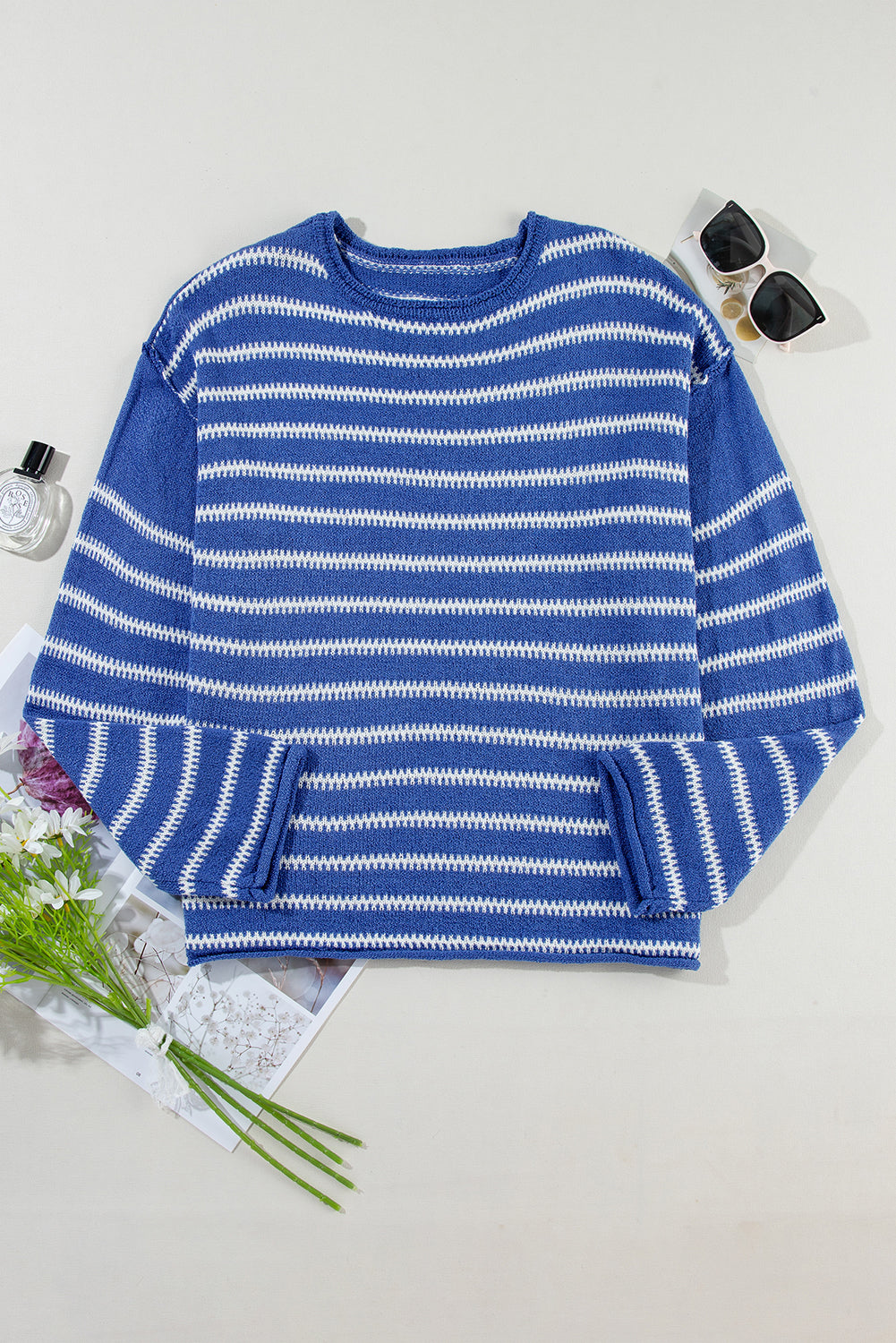 Brown Stripe Drop Shoulder Casual Sweater