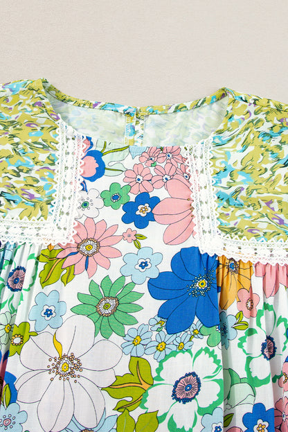 Green Bubble Sleeve Lace Trim Floral Mixed Print Blouse