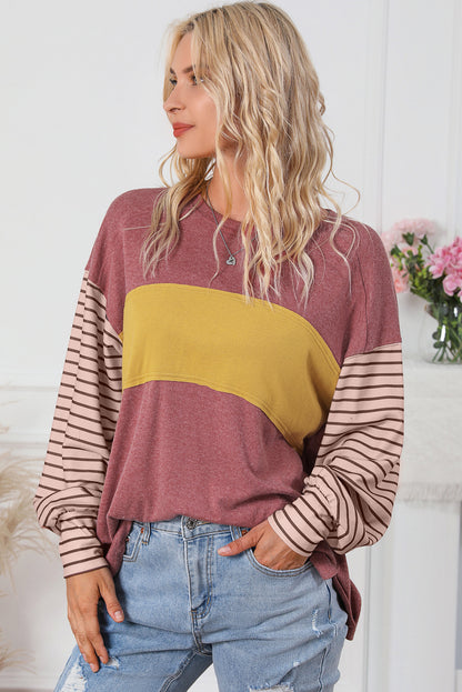 Gray Colorblock Striped Bishop Sleeve Top