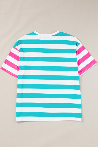 Pink Stripe Contrast Patch Pocket Drop Sleeve T Shirt