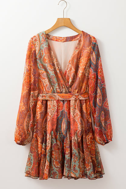 Orange Boho Paisley Print Long Sleeve Pleated Belted Mini Dress