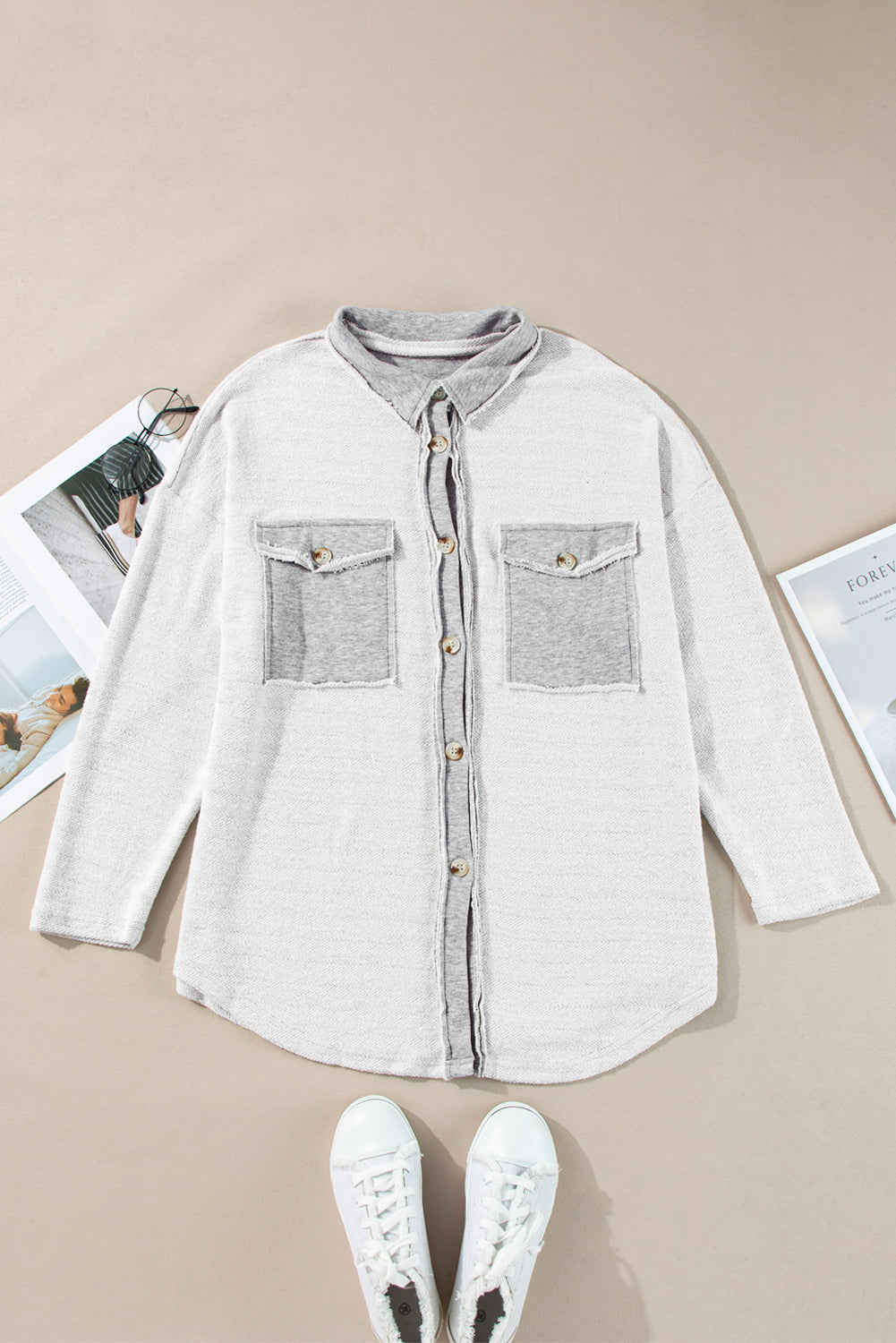 Gray Contrast Flap Pockets Relaxed Shacket