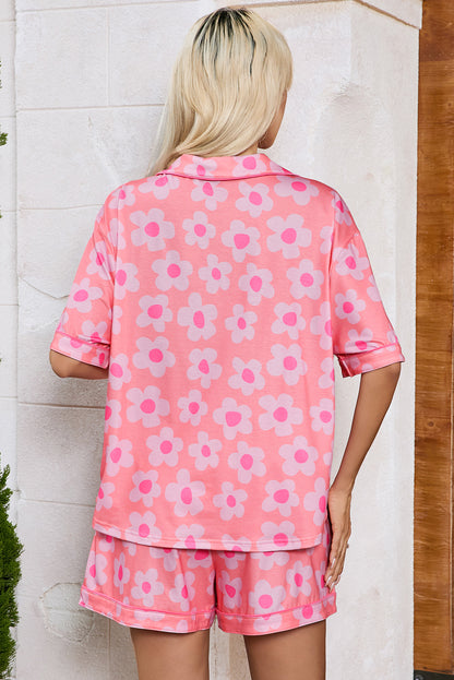 Orange Flower Print Short Sleeve Shirt Pajamas Set