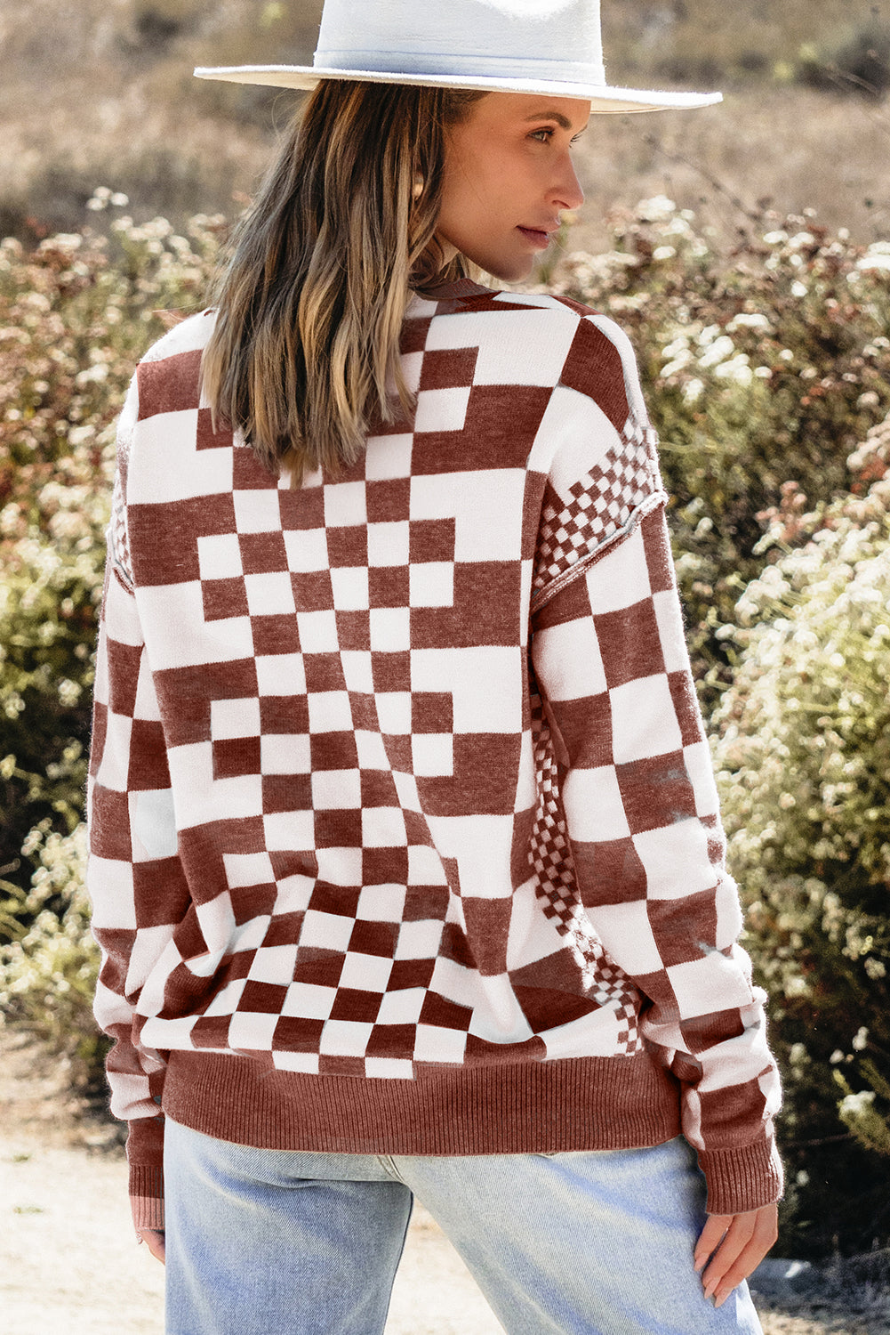 Brown Checkered Print Drop Shoulder Round Neck Sweater